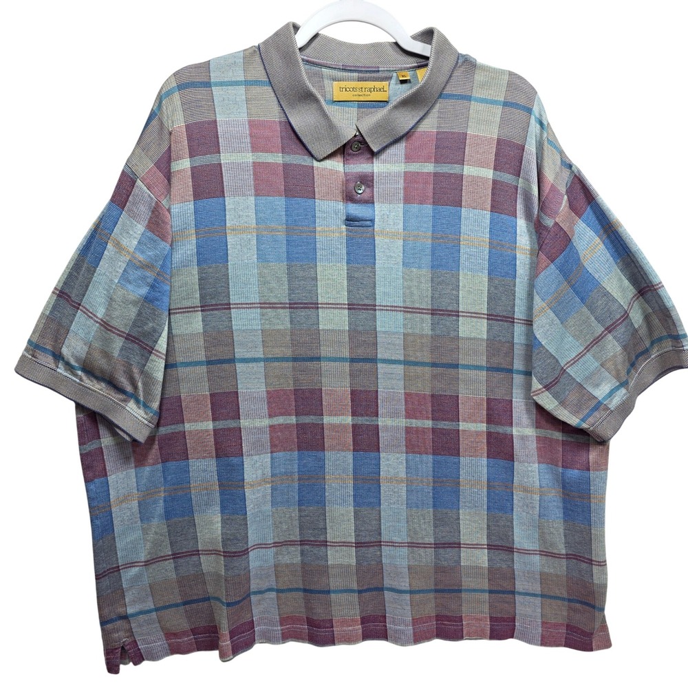 Tricots St Raphael Mens XL Mercerized Cotton Plaid Polo Shirt Blue Burgundy Knit